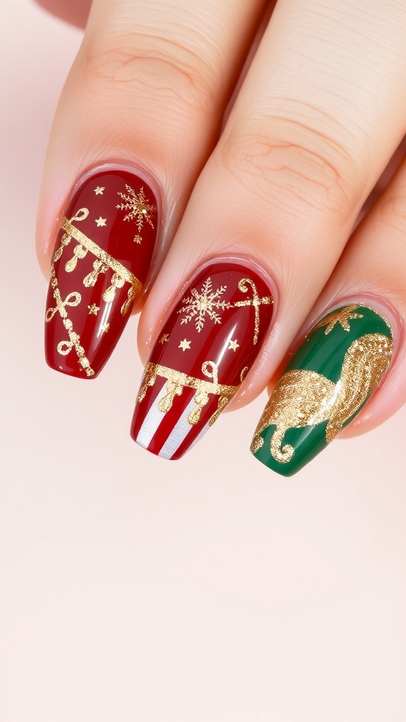 Elegant Christmas nail designs in red and green with gold glitter on medium-length nails.